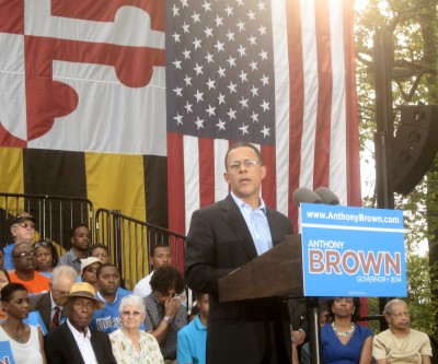 Lt. Gov. Anthony Brown announces run for governor. To his left are his parents: father Roy Brown in hat and mother Lily Brown with Congresswoman Donna Edwards to the far left. (Photo source: MarylandReporter.com)