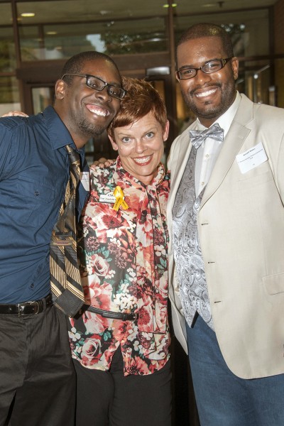 Among the 215 CSM students receiving scholarships for the 2013-14 academic year are Jeremy Hunter, left, and Kenneth Waters Jr., right, who joined CSM Advancement Lead Executive Assistant Toni Zanelotti Kruszka, center, at the scholarship reception Sept. 12 in the Fine Arts Center on the La Plata Campus. Hunter received the Jerome A. Zanelotti Sr. Memorial Scholarship named for Kruszka’s father. Waters received the C. Emmitt Woodey Theatre Scholarship. (Photo: CSM)