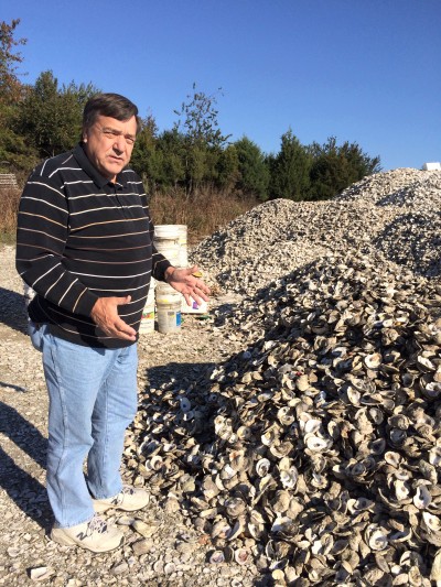Don Meritt, director of the Horn Point Hatchery, explains how recycled oyster shells are left outside the Cambridge lab for about a year, in order to allow organic matter to decompose naturally before the shells are reused. (Photo: Sarah Polus)