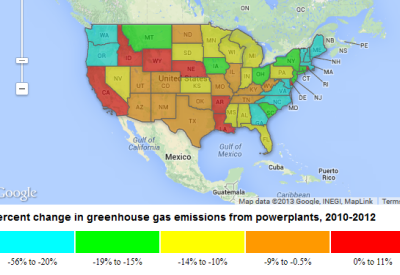Percent change in greenhouse gas emissions from powerplants in the USA, 2010-2012.