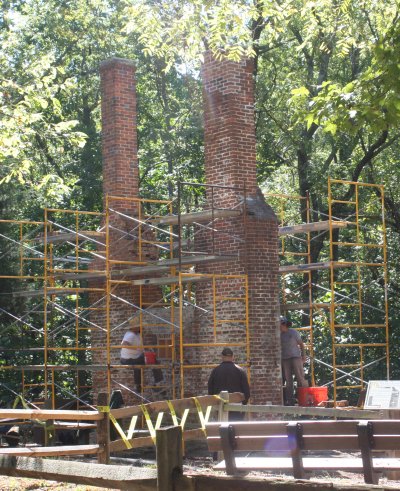 Masons work on restoring chimneys at Chiles Homesite in Nanjemoy. (Photo: Bureau of Land Management)