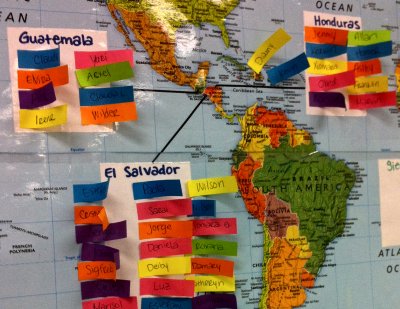 Photo of a map on the wall of an English for Speakers of Other Languages (ESOL) class in Northwestern High School in Hyattsville on Nov. 14, 2014. The map shows the number of students in the class who recently immigrated from Guatemala, El Salvador and Honduras, depicting the influx of Central American unaccompanied minors who came to the U.S. in summer 2014. (Photo: Annika McGinnis).