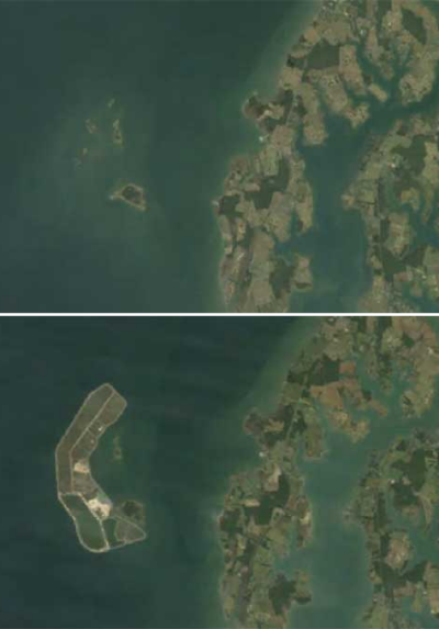 Satellite photo of Poplar Island in 1998 (top) vs. 2012 (bottom).