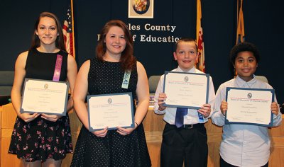 Pictured from left are Veronica LeBeau, eighth grade, General Smallwood Middle School; Rainey Southworth, senior, Thomas Stone High School; Wesley Thompson, fifth grade, William A. Diggs Elementary School; and Nehemiah Strawberry, fifth grade, J. P. Ryon Elementary School.