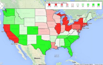 Map by "How Money Walks" shows states losing taxpayers in red and states gaining in green.