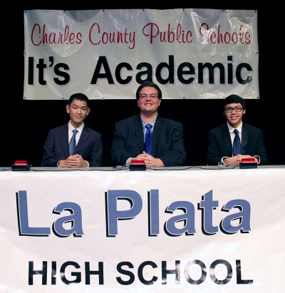 The La Plata High School's It's Academic team earned first place in the annual Charles County Public Schools competition held Dec.2 at the La Plata campus of the College of Southern Maryland (CSM). Pictured from left are the three-member team of Matthew Fan, T.C. Martin (captain) and Justin Cortez who competed in the event and took first place in the championship round with a score of 300 points against North Point and Westlake high schools.