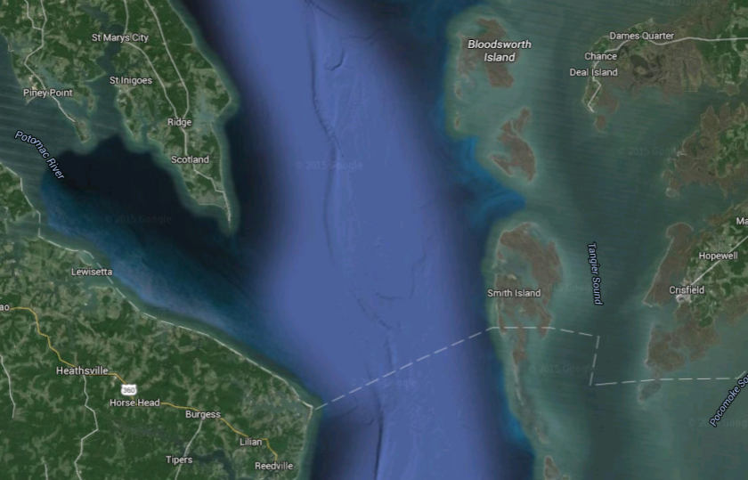 Smith Island is located southeast of southern Maryland in the Chesapeake Bay. (Image via Google Maps)