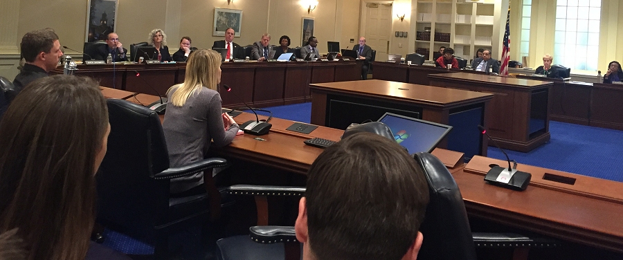 Sexual abuse survivor Erin Merryn testifies in support of a proposed Maryland bill that would require sexual abuse education in schools. (Photo: Lexie Schapitl.)