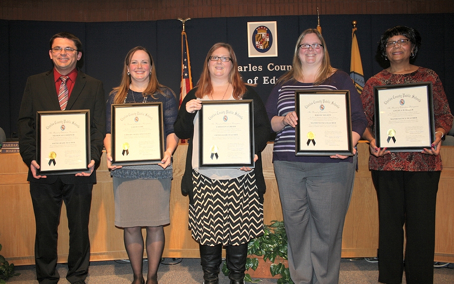The Board of Education monthly honors Charles County Public Schools staff for their support of teaching and learning. The Board honored five employees at their Feb. 9 meeting including, from left, Nicholas Gardiner, fifth-grade teacher, Berry Elementary School; Sarah Gobe, media specialist, Dr. Thomas L. Higdon Elementary School; Christina Greer, fourth-grade teacher, Eva Turner Elementary School; Kristi Nelson, mathematics teacher, Piccowaxen Middle School; and Angela Baker, mathematics teacher, La Plata High School.