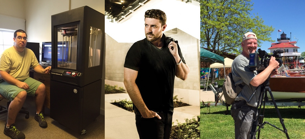 Left: John Nance, Assistant Curator of Paleontology, pictured with the MakerBot Replicator Z-18. Middle: Country music artist Chris Young will be performing on June 4. Right: Michael Roche, videographer and audio engineer at CMM.