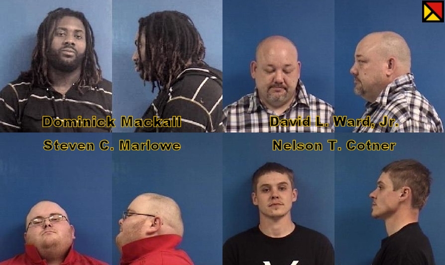 Dominick Mackall, 27, of Lusby; David L. Ward, Jr., 42, of North Beach. Bottom row: Steven C. Marlowe, 29, of North Beach; Nelson T. Cotner, 26, of Lusby. (Booking photos)