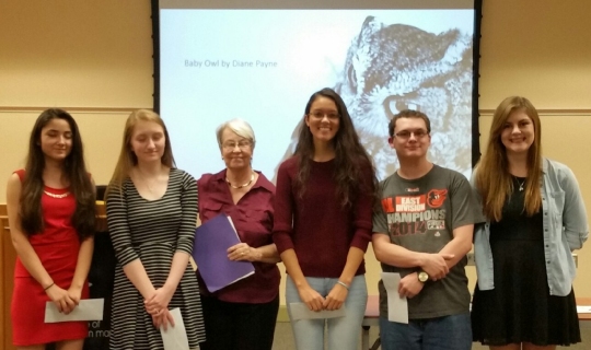 Winners of the first Maryland Writers' Association, Charles County Chapter Young Writers' Contest are (left to right) Ellie Karimi, Alicia Brosco, MWA President Edna Troiano, Emily Smith, James Walls and Corrine Hickin.