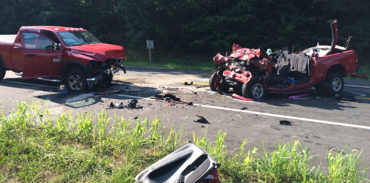 The aftermath of a 2 truck head-on crash in Prince Frederick Friday. The at-fault driver died on the scene. (Photo courtesy of Calvert Co. Sheriff's Office)