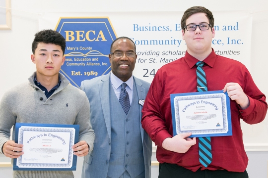 CSM Vice President and Dean of the Leonardtown Campus Dr. Tracy Harris, center; Allan Li, a graduate of Great Mills High School, left; and James Grizzle, a graduate of Chopticon High School, right.