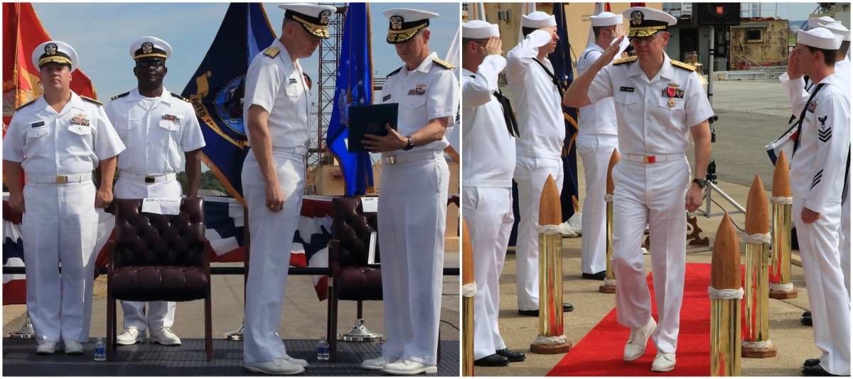 Left photo: Vice Adm. Thomas Moore, commander, Naval Sea Systems Command, presents a Legion of Merit award to Rear Adm. Lorin Selby, outgoing commander of Naval Surface Warfare Center (NSWC), during a change of command ceremony held on the NSWC Dahlgren Division Potomac River Test Range gunline. NSWC comprises eight divisions that operate the Navy's full spectrum research, development, test and evaluation, engineering, and fleet support centers for offensive and defensive systems associated with surface warfare and related areas of joint, homeland and national defense systems from the sea. (U.S. Navy photo by Ryan DeShazo/Released). Right photo: Rear Adm. Lorin Selby is piped ashore after being relieved by Rear Adm. Tom Druggan as commander, Naval Surface Warfare Center in a time-honored change of command ceremony held on the NSWC Dahlgren Division Potomac River Test Range. NSWC comprises eight divisions that operate the Navy's full spectrum research, development, test and evaluation, engineering, and fleet support centers for offensive and defensive systems associated with surface warfare and related areas of joint, homeland and national defense systems from the sea. (U.S. Navy photo by Ryan DeShazo/Released).