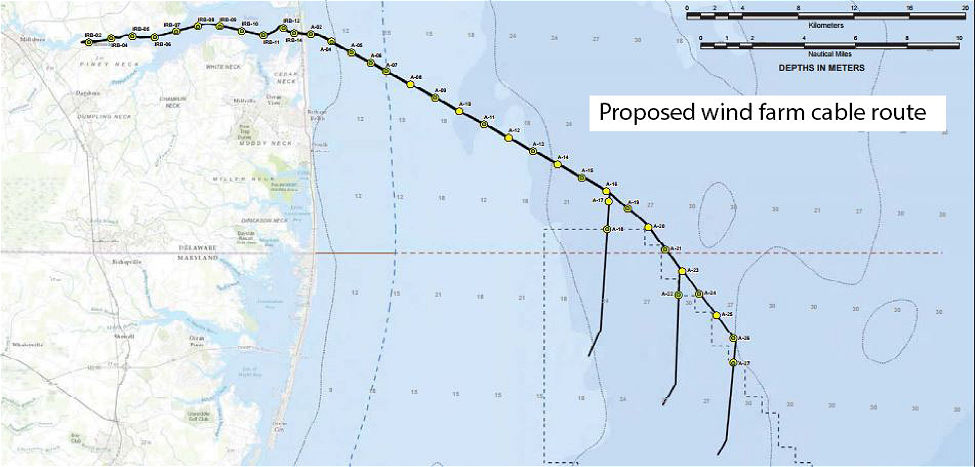 Planned route for 35-mile cable connecting Maryland offshore wind site to power grid near Millford, Del.