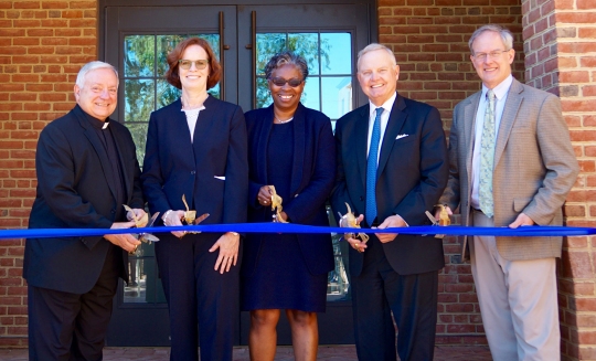 Anne Arundel Hall dedication (L-R) Father William George, chair, Historic St. Mary's City Commission; Regina M. Faden, executive director, Historic St. Mary's City; Dr. Tuajuanda C. Jordan, president, St. Mary's College; Sven Holms, chair, Board of Trustees, St. Mary's College; Chip Jackson, vice president for business and finance, St. Mary's College.