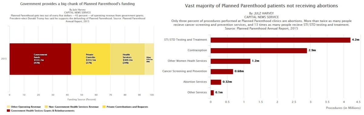 The chart on the left illustrates the major sources of funding for Planned Parenthood. The chart on the right illustrates the most common services received by users.