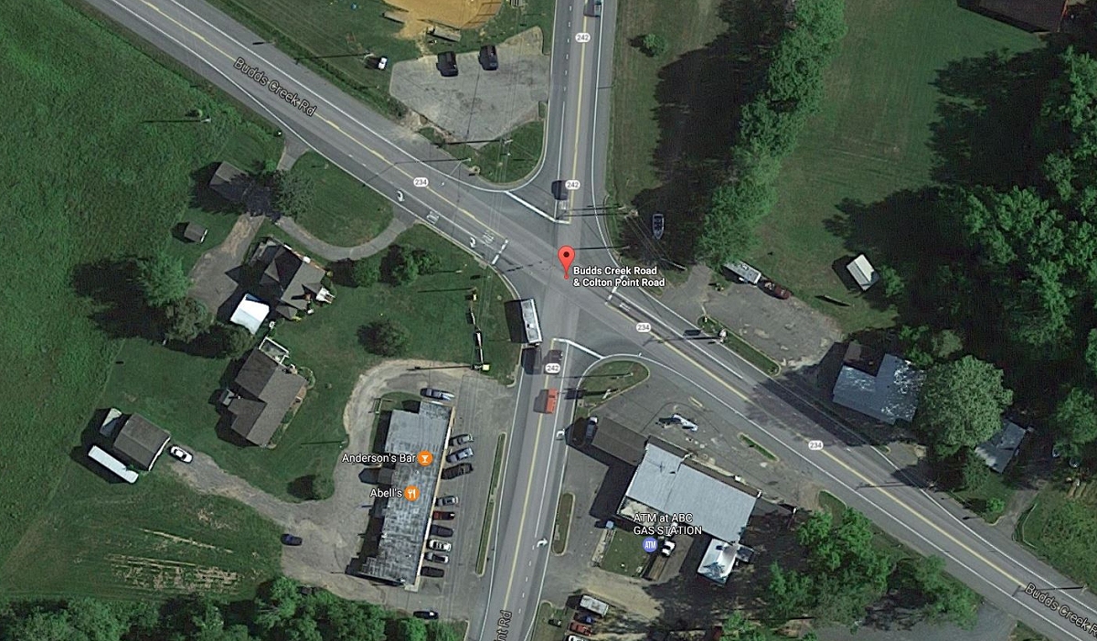 Google Earth view of intersection of Budds Creek Road and Colton Point Road in St. Mary's County. The state has started construction of a roundabout which they say will improve the flow of traffic and make the intersection safer.