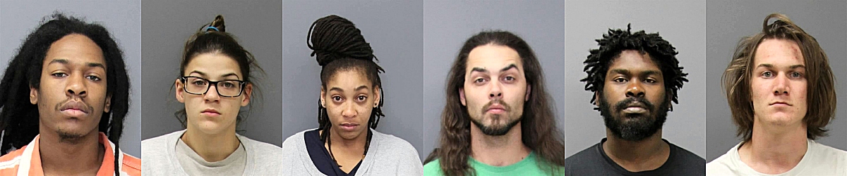 Arrested for the murder of Samuel Keith Gemeny: (left to right) Dominic Xavier Daniel, 24, of Waldorf; Gabrielle Marie Ditella, 19, of Costesville, PA; Dominique Ariel Grant, 28 of Waldorf; Jared Jacob Hayes, 31, of Waldorf; Morgan Tyrone Rich Jr., 27 of Waldorf; and Andrew Loren Webb, 24, of Waldorf;