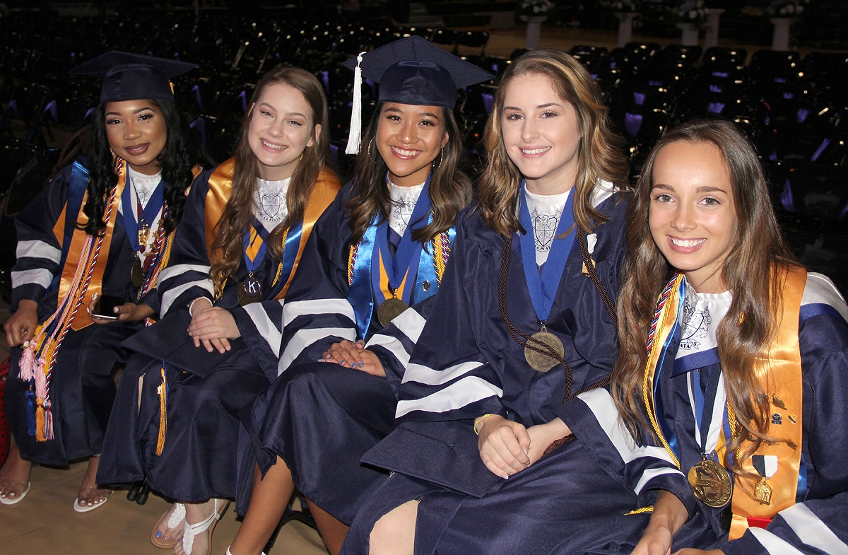 Members of the La Plata High School graduating Class of 2017 gather to practice their speeches prior to the start of their graduation ceremony held June 2 at the Charles County Convocation Center. Seniors, from left, Tyler Dixon, Paige Upright, Ailani Bautista, Hunter Willis and Sarah Gough, represented were some of the top academic achievers in their class. Gough was named salutatorian. (Photo: CCPS)