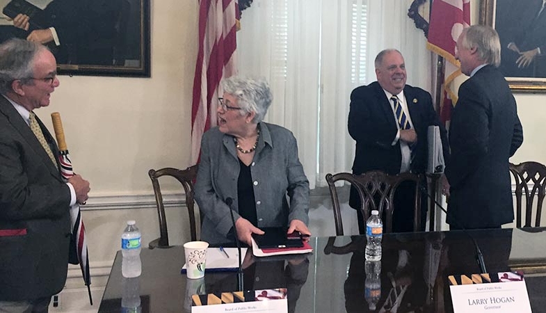 (From left to right) Former Deputy Treasurer Howard Freedlander, State Treasurer Nancy Kopp, Gov. Larry Hogan, and Comptroller Peter Franchot take a breather as the Board of Public Works meeting comes to an end on Wednesday, Sept. 6, 2017 in Annapolis. The board approved Hogan's budget cuts 3-0. (Photo: Julie Depenbrock)