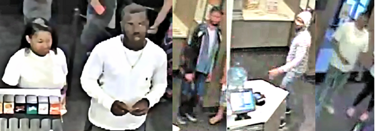The male in the second photo from the right is suspected of stealing a donation jar inside of the Chick-fil-A restaurant in California. The others pictured were together with the suspect. Police need help identifying anyone in the photos.