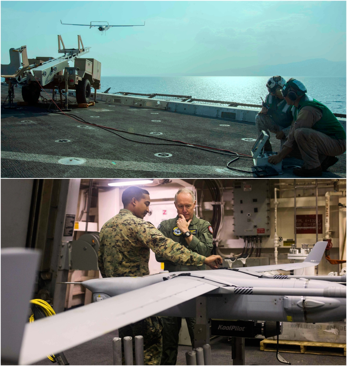TOP: U.S. 5TH FLEET AREA OF OPERATIONS - Sailors assigned to Marine Medium Tiltrotor Squadron 161 (Reinforced) launch the RQ-21A Blackjack unmanned aerial aircraft aboard the amphibious transport dock ship USS San Diego (LPD 22) during Alligator Dagger 2017. (U.S. Navy photo by Mass Communication Specialist 3rd Class Justin A. Schoenberger/Released)

BOTTOM: ATLANTIC OCEAN (Nov. 15, 2017) - Marine Corps Capt. Daniel Dial, left, an unmanned aircraft system officer assigned to Marine Medium Tiltrotor Squadron (VMM) 162 (REIN), 26th Marine Expeditionary Unit (MEU), speaks with Navy Rear Adm. Kenneth Whitesell, commander of Carrier Strike Group (CSG) 4, about the RQ-21 Blackjack aboard the amphibious transport dock ship USS New York (LPD 21). (U.S. Marine Corps photo by Cpl. Jered T. Stone/Released)