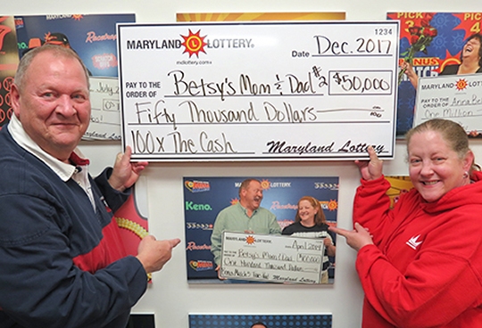 "Betsy's Mom & Dad" were back in the Lottery Winner's Circle for another big win. They claimed a $50,000 scratch-off prize nearly four years after winning $100,000 on Bonus Match 5. (Photo: Md. Lottery)