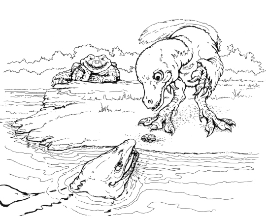 The three most likely predators that could have swallowed the baby side-necked turtle completely: an aquatic mosasaur (lower left foreground), a terrestrial meat-eating dinosaur (right), or less likely, a crocodile (contemplating the scene from a distance). Illustration by Tim Scheirer, (c) Calvert Marine Museum.