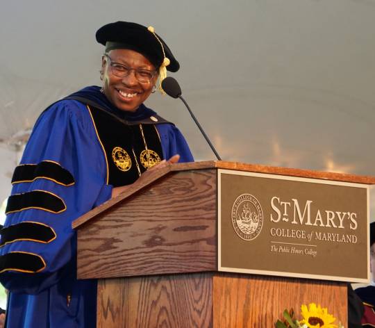 Tuajuanda Jordan, the college's president, at the 2018 commencement ceremony in St. Mary's City. (Photo: SMCM)