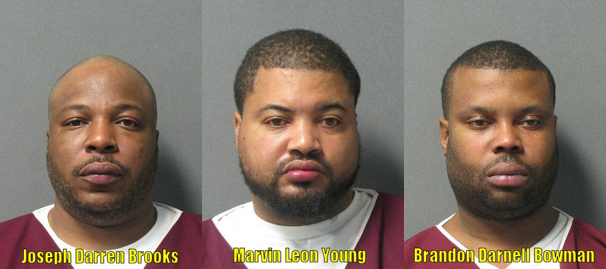 Left to right:  Joseph Darren Brooks, age 42, of California, Maryland; Marvin Leon Young, age 42, of Lexington Park; and Brandon Darnell Bowman, age 32, of Great Mills, Maryland.
