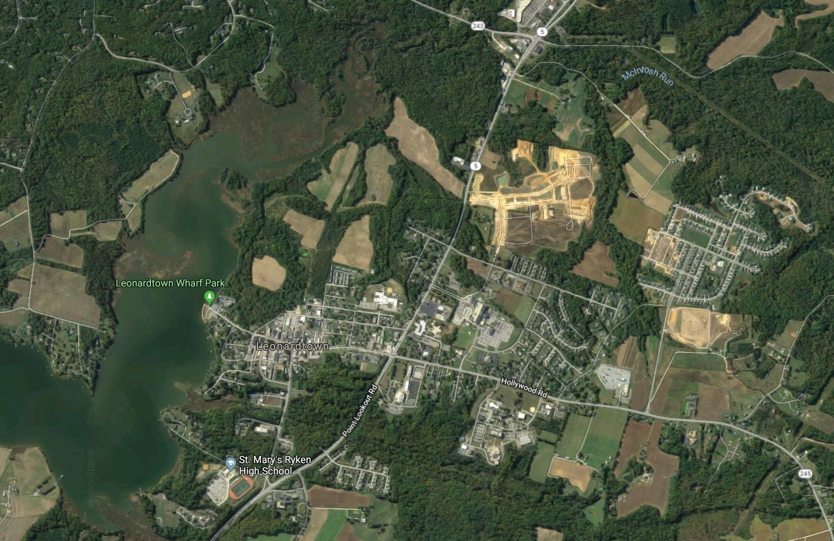 Satellite image of the Leonardtown vicinity via Google Maps.