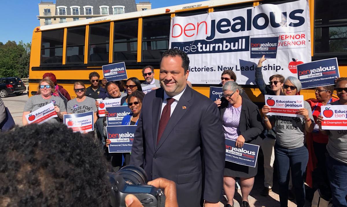Ben Jealous, Maryland Democratic candidate for governor, steps off his campaign bus to speak to reporters prior to a gubernatorial forum at the Maryland Municipal League conference in Annapolis, Maryland, on Friday, Oct. 12, 2018. (Photo: Brooks DuBose)