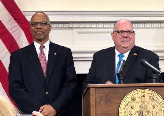 Gov. Larry Hogan --- a day after winning re-election in the Maryland governor's race --- held a celebratory press conference in the Governor's Reception Room of the Maryland State House on Wednesday, Nov. 7, in Annapolis, Maryland. (Photo by Brooks DuBose)