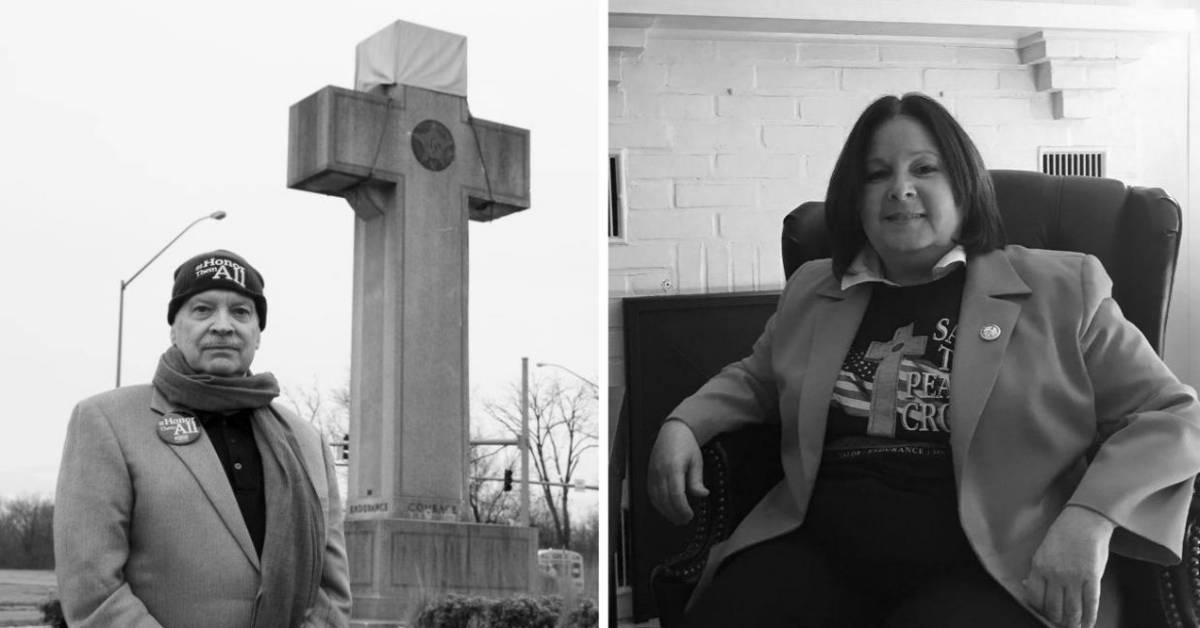 Left Photo: Steven Lowe stands near the Bladensburg Peace Cross, which he says violates the Constitution's prohibition against government support for religion.

Right Photo: Renee Green, a documentary film maker from Annapolis, contends the Bladensburg Peace Cross is understood by the community to be a memorial to World War I dead, not a religious symbol. (Photos: Eugene "Jesse" Nash IV)