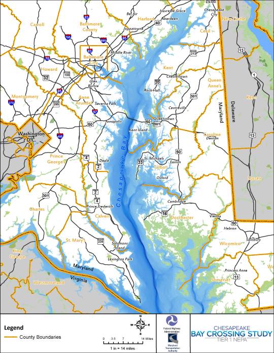 This official map shows the scope of the study for a new bay crossing structure.