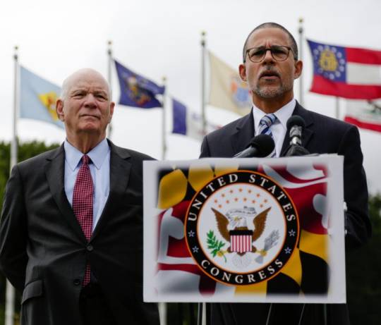 Sen. Ben Cardin, D-Maryland, and Rep. Anthony Brown, D-Largo, hold media availability after touring the Child Development Center at Joint Base Andrews, which is slated to lose money under President Donald Trump's plan to divert funds to the border wall with Mexico. (Photo: Heather Kim)