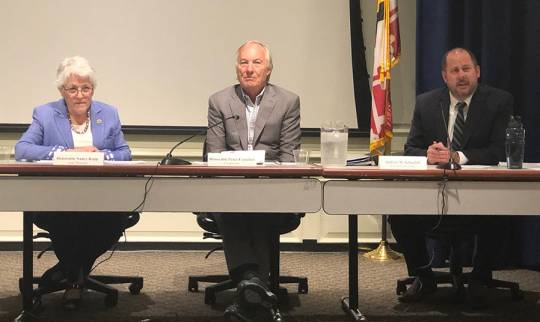 Maryland Comptroller Peter Franchot, center, and State Treasurer Nancy Kopp, left, listen as Bureau of Revenue Estimates Director Andrew Schaufele explains the revised revenue projections for fiscal year 2020 during a Board of Revenue Estimates meeting in Annapolis, Maryland, on Sept. 19, 2019.