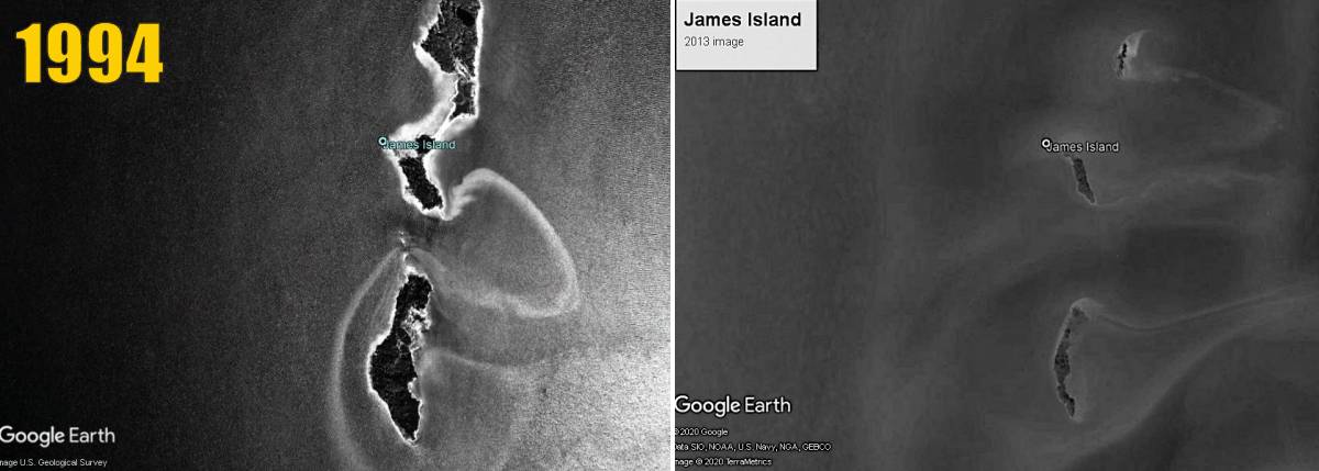 LEFT: A 1994 Google Earth image of James Island, by then nearly separated into three fragments. RIGHT: A 2013 Google Earth image of James Island. Nowadays the southern fragment of the island itself breaks into four or five pieces.