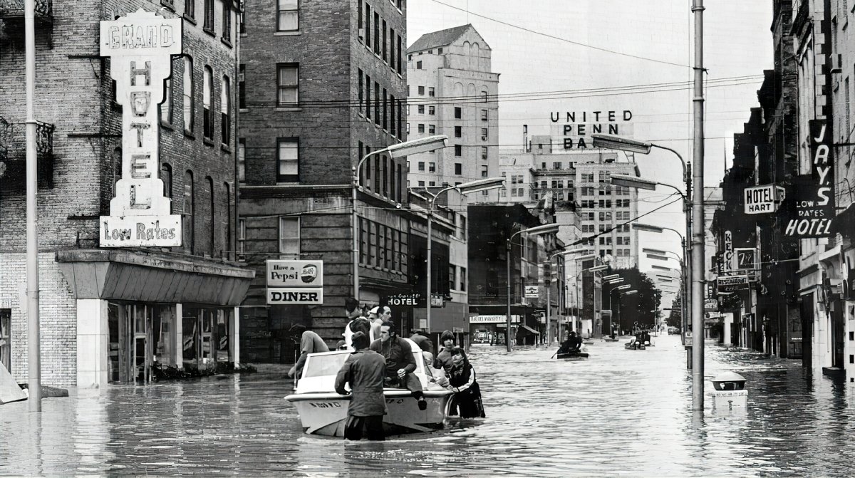 Tropical storm Agnes devasted communities along the Susquehanna River in late June 1972, including the town of Wilkes Barre, PA, shown here. (Courtesy of the National Weather Service)