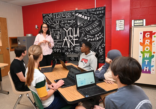 A teacher instructs an attentive class in a Calvert County public school earlier this year. (Capital News Service)